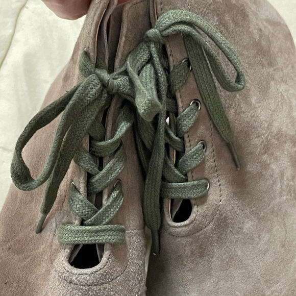 Firth Dez Mule Suede Bootie heel open toe size 6.5 Mousse brown gray green laces - Picture 8 of 16